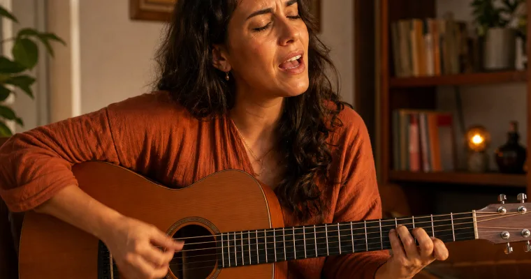 Aluna cantando enquanto toca violão