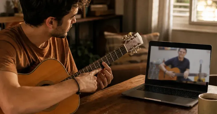 Aluno tirando uma dúvida de violão em uma aula ao vivo