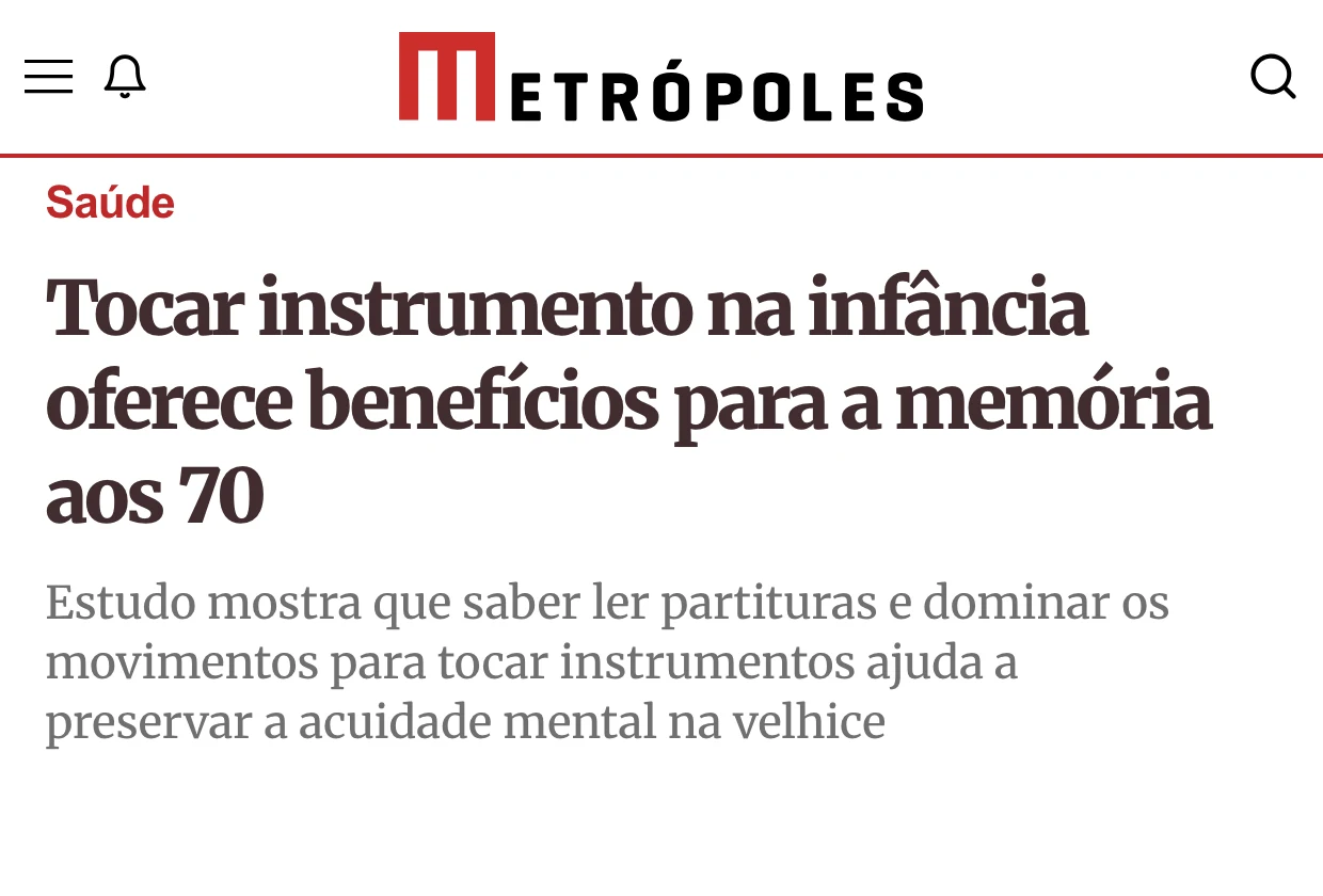 Metrópoles: “Tocar instrumento na infância oferece benefícios para a memória aos 70”