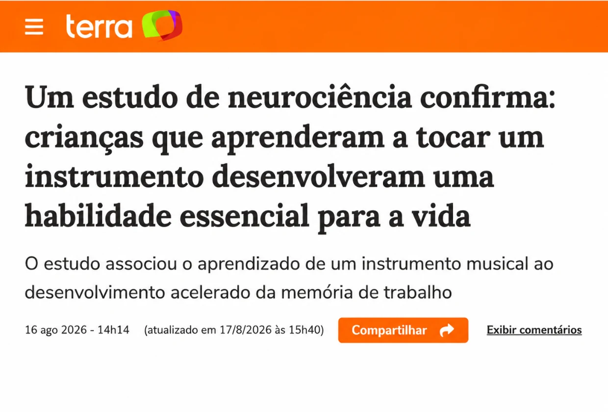 Terra: “Um estudo de neurociência confirma: crianças que aprenderam a tocar um instrumento desenvolveram uma habilidade essencial para a vida”
